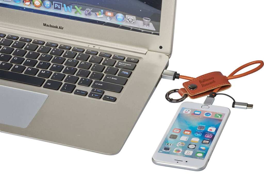 Imprinted Technology Swag, Merch, and Promotional Products for Baltimore, Maryland customized imprinted phone changer attached to a laptop